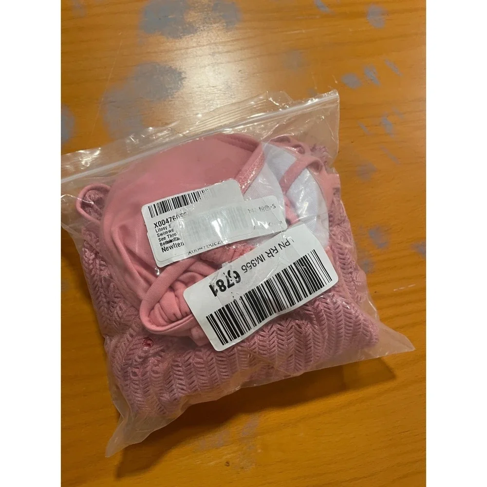 NEW Lilosy Pink Triangle Thong Tie Bikini Set Sexy Mesh Sheer Cover Up Lace Up S - Picture 9 of 12